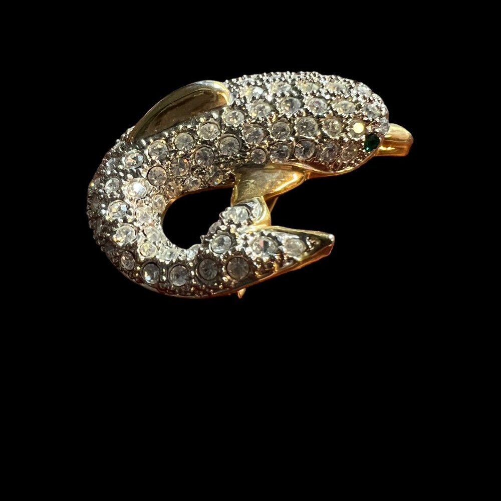 Porpoise Brooch Clear Crystal Green Eye Gold Tone Vintage Dolphin Pin